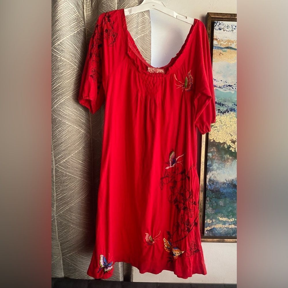 Johnny Was Dress Red JWLA Embroidered Cotton Knit Floral Resort Boho Womens Sz S